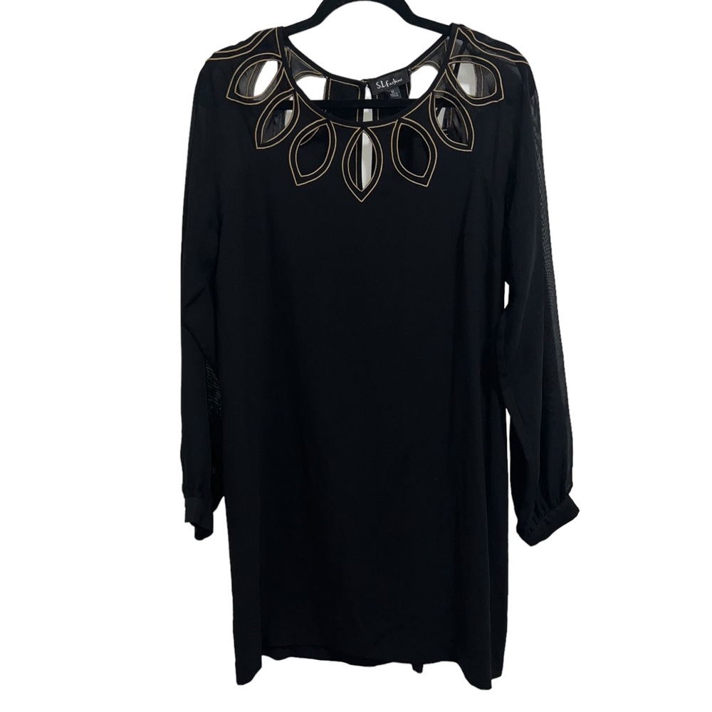 S.L. Fashions Black Long Sleeve Dress Gold Embroidered Details